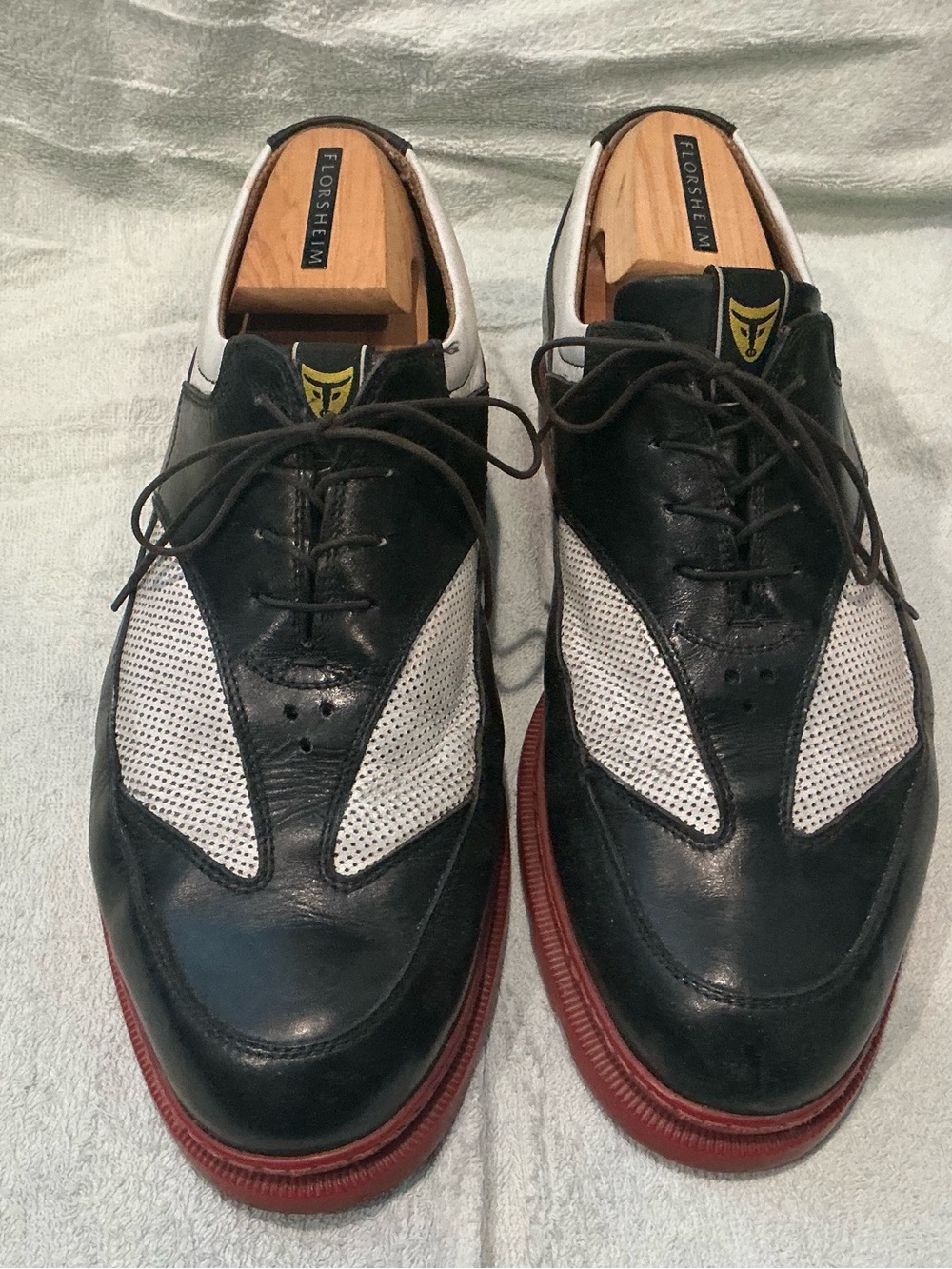Michael Toschi Men's Black and White  Golf Shoes with Red Sole in EUC